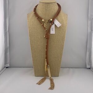 White House Black Market Goldtone Leather & Goldtone Tassel Y Necklace NWT